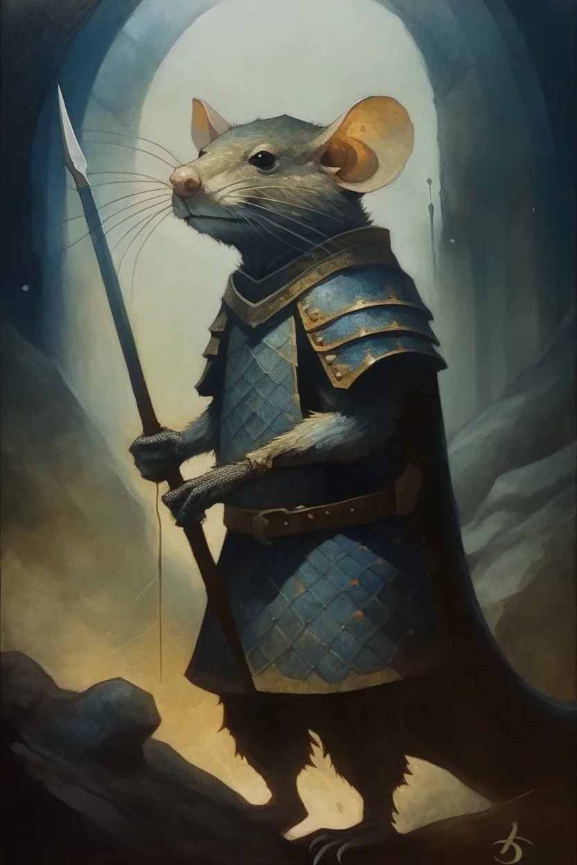 1970's dark fantasy cover dnd style oil painting of a small medieval rat knight in the mist with minimalist far perspective in an abstract pattern background.