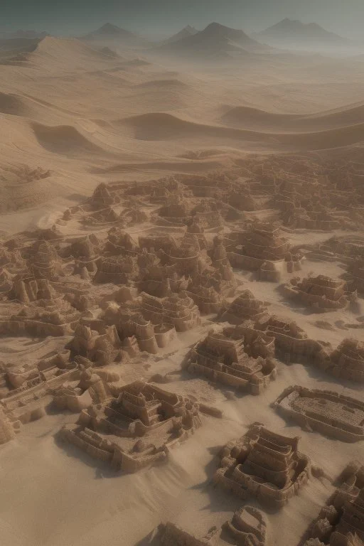 ancient, fantasy, chinese town, dune, crater, sand strom, destroyed chinese houses