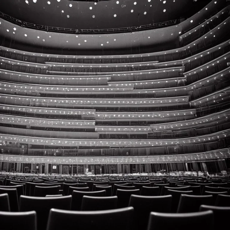 a close up view from stage of a single chair on stage under spotlight at a dark and empty symphony hall