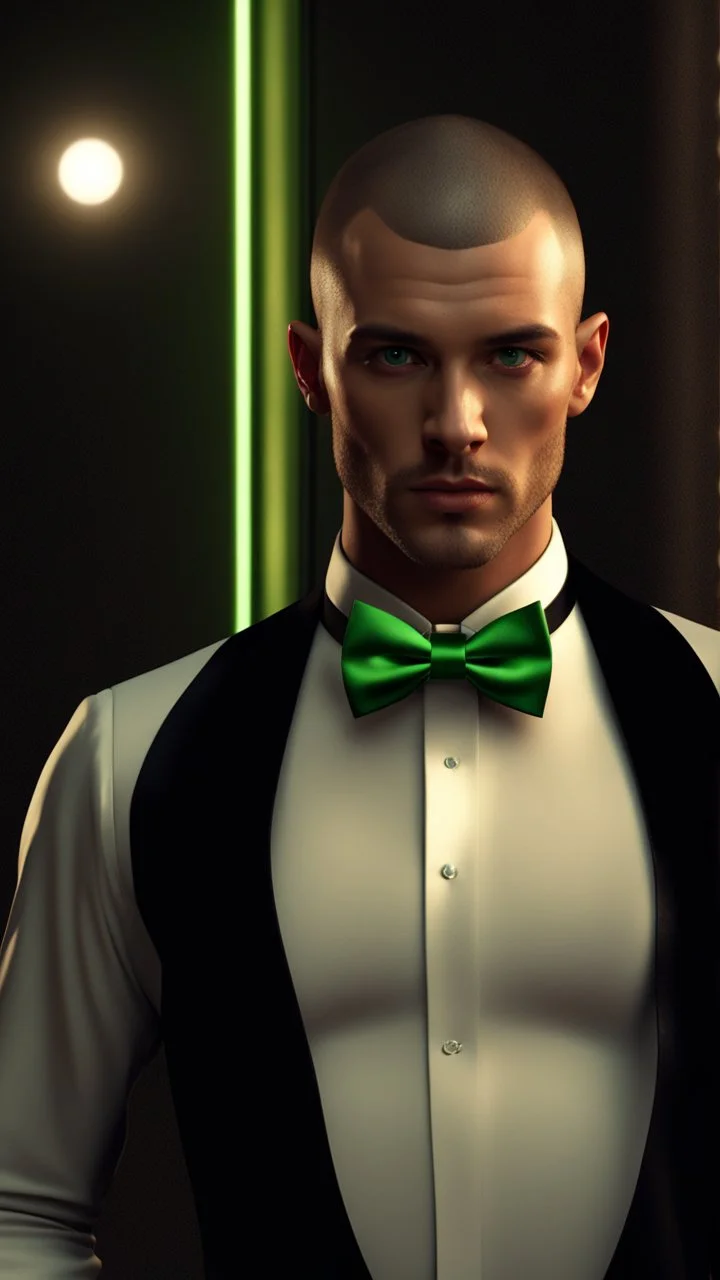 Handsome tough Alpha Male aged 30. buzz-cut hair, stubble on chin, wearing a black tuxedo with a green bow tie. Hyperrealistic 4k dark fantasy