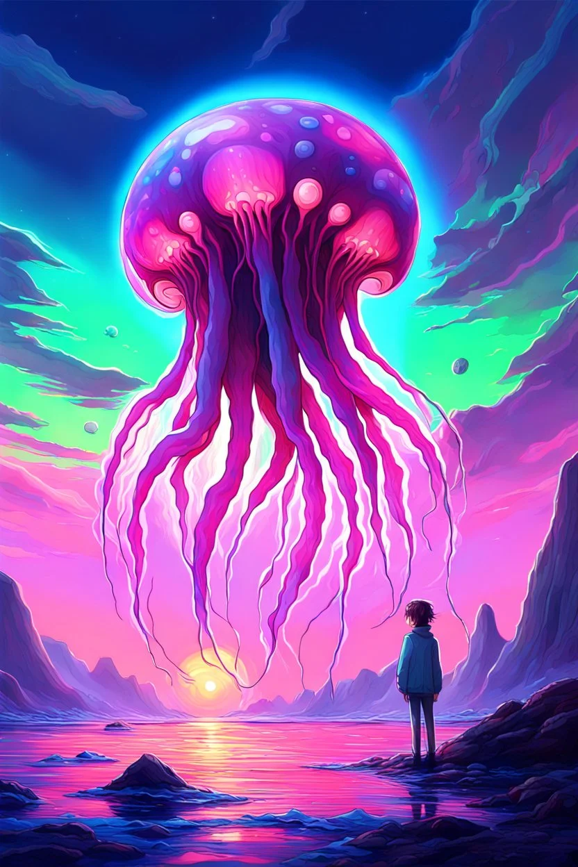 DALL-E 3 P: P: A stunning oil painting in anime style depicting a scary yet colorful creature with translucent, luminous qualities like a jellyfish. The creature has many detailed, iridescent eyes, multiple arms, and large ears. This creature is set against the backdrop of an incredible alien paradise planet at sunset, with vibrant colors and exaggerated perspective. The masterpiece showcases mother of pearl iridescence and holographic whites, creating a terrifying and horror-like atmosphere. Th