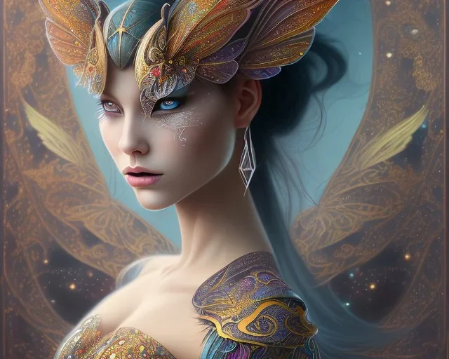 Beautiful mystical butterfly portrait, dark fantasy, romanticism, acrylic paint, chinese painting, magazine, highly detailed, ethereal, otherworldly, backlighting, rays of shimmering light, persian empire, artstation, silver, purple, black, teal, aqua, yellow, olive, vibrant, intricate,