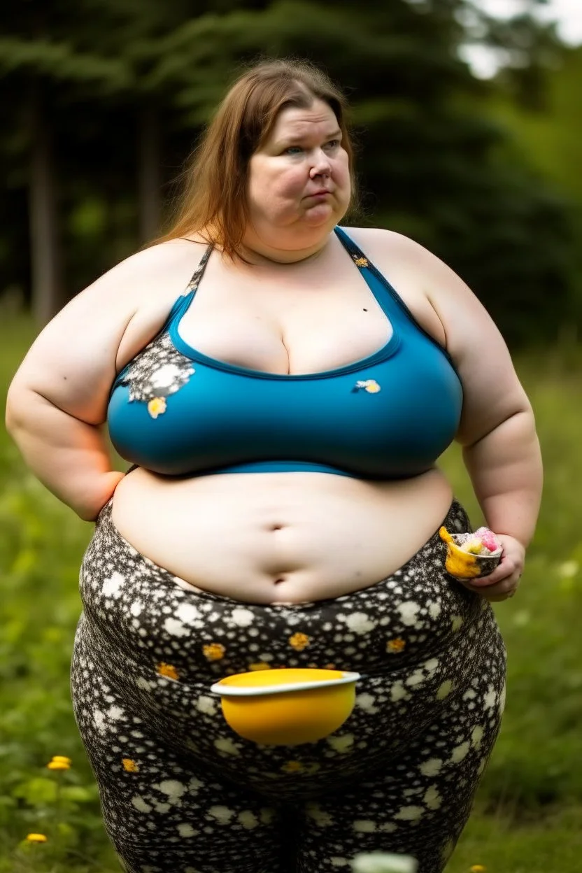 Fat Woman, 180 cm tall, weight approximately 250 kg. In a cow-patch bikini, she is eating and her belly is bloating very much, it is obvious that it is full.