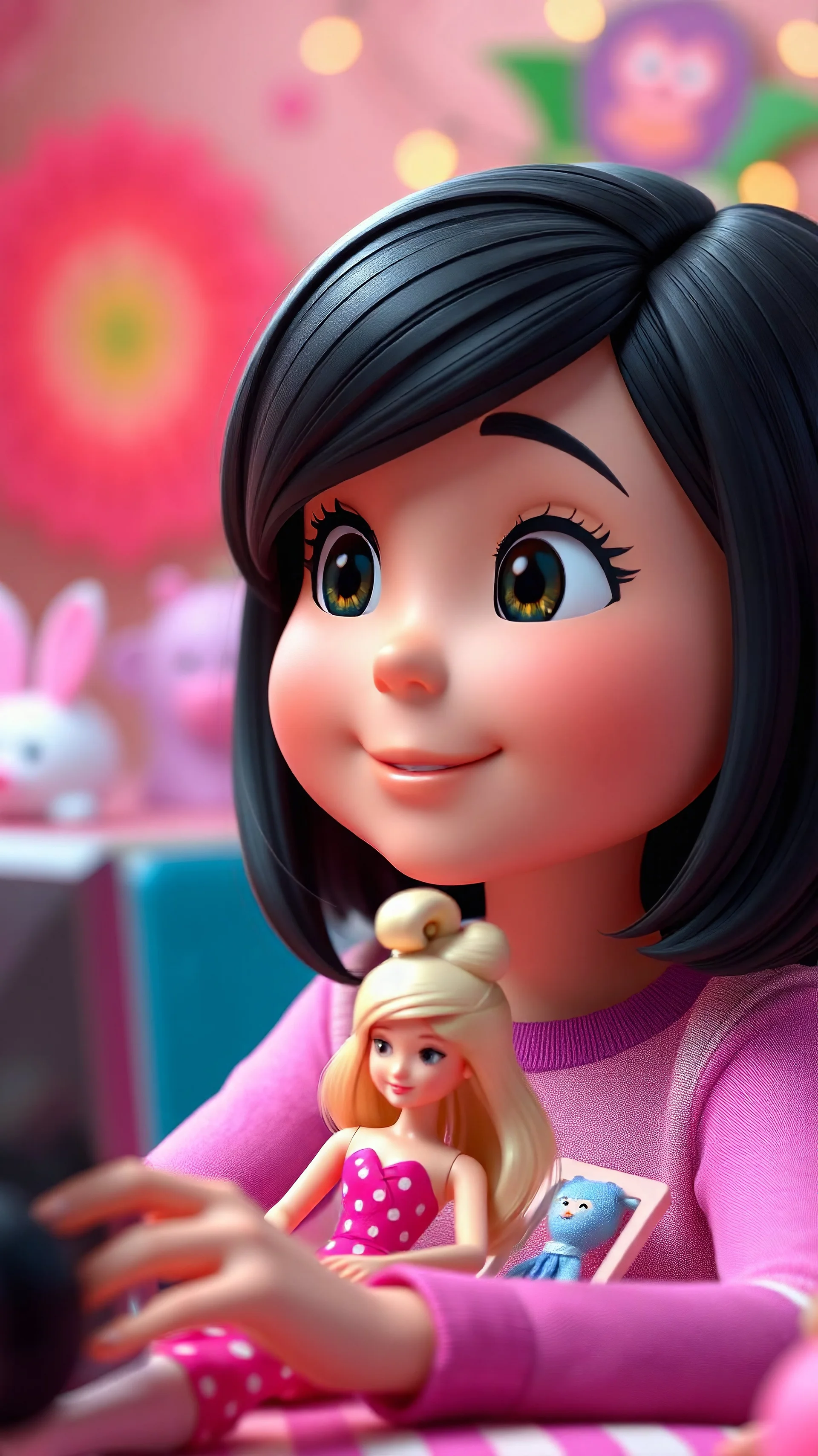 7 year old playing with barbie dolls . short black hair . A visually enchanting 4K photograph featuring a lovable, Pixar-inspired, expertly crafted in a whimsical and vibrant cartoon style. is masterfully rendered in a lifelike 3D design, which captivates viewers with there irresistible charm. The background is filled with warm, inviting colors and a 3D render, creating a cinematic.