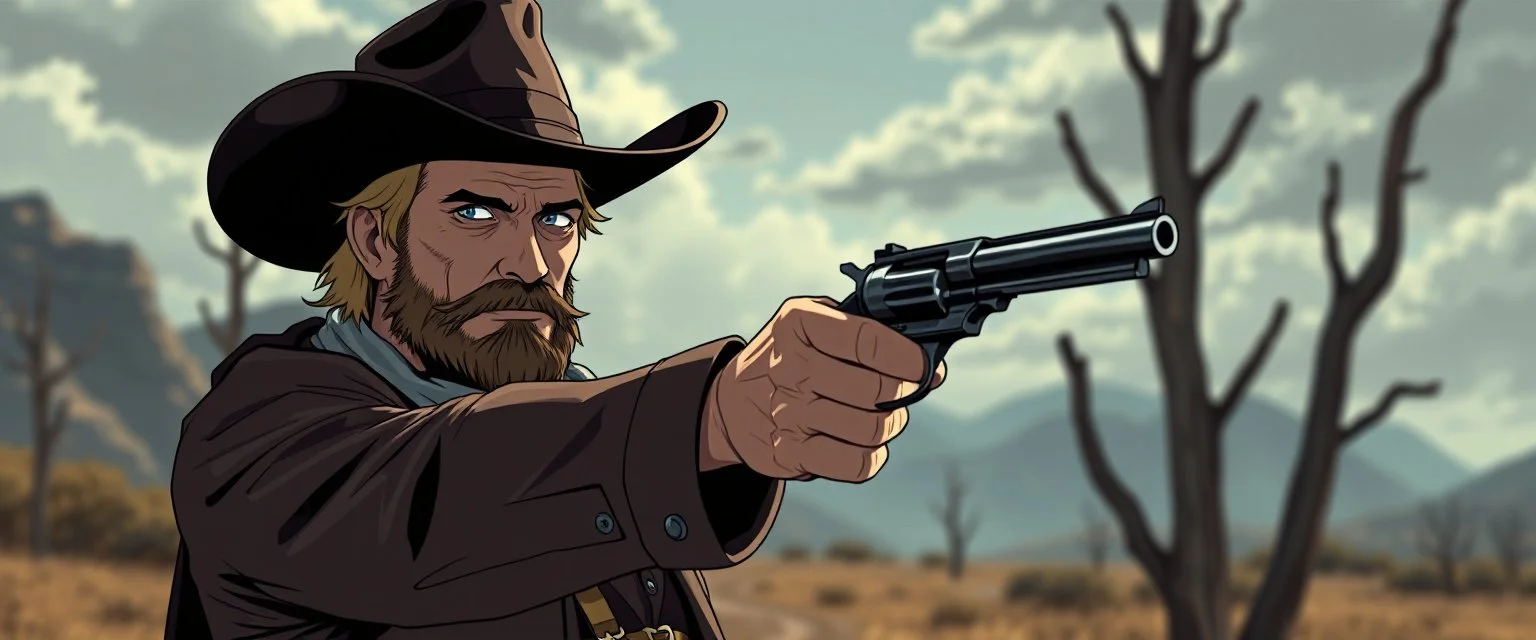 Magnus Carlson in the wild west looking cool with a revolver, anime style