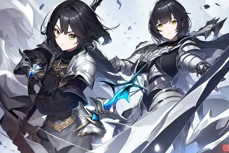 Anime girl with short black hair and sharp green eyes holding a spear. Black and white metal armour