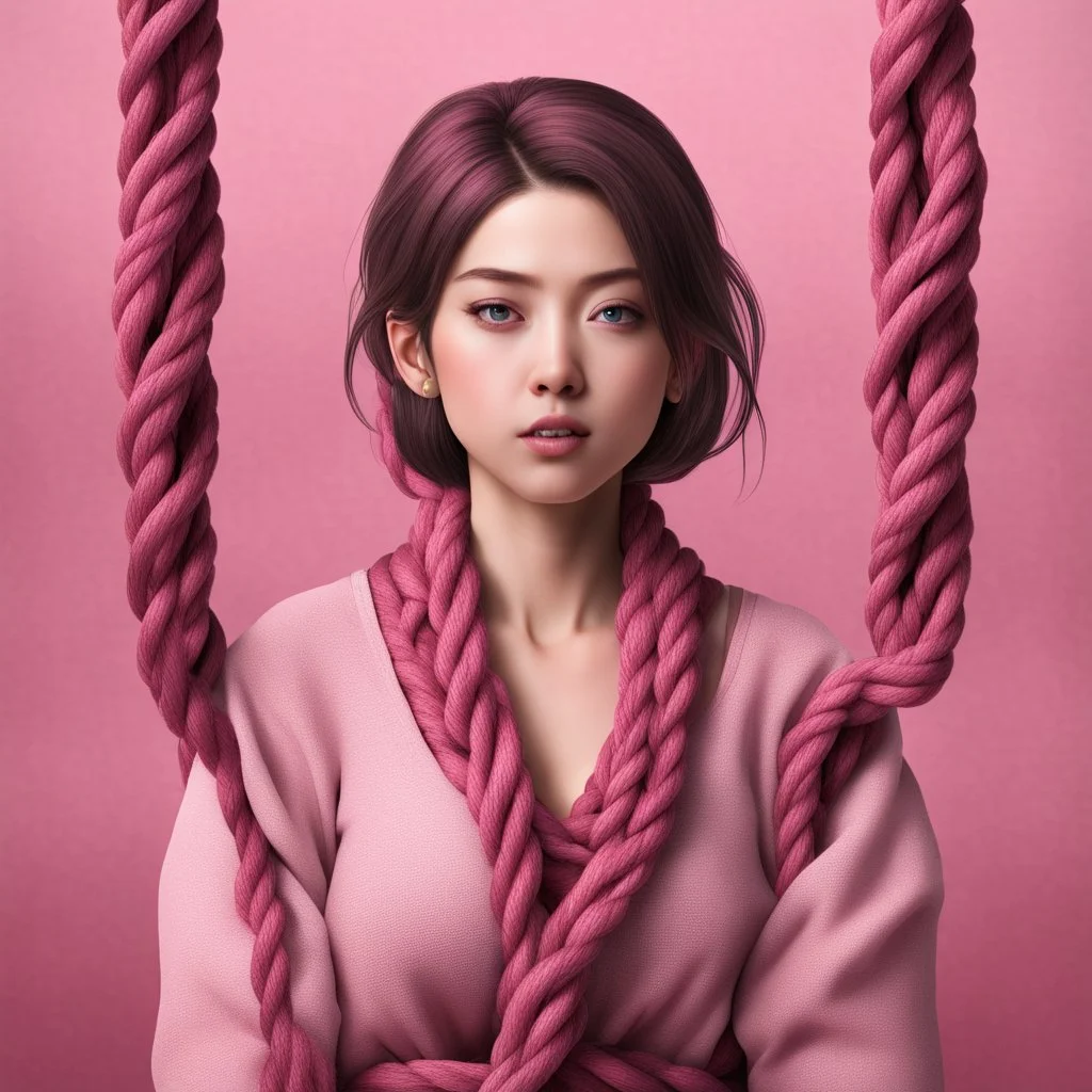 Hyper Realistic anime-style-women's day with maroon-ropes & pink textured background