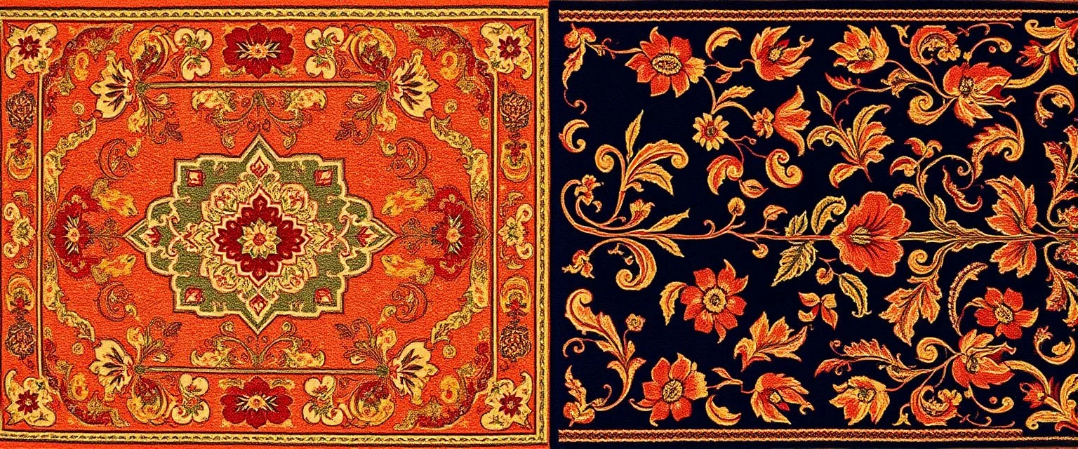 Traditional Pakistani Carpet Design With Intricate Details & Floral Patterns Using Colors Like (Golden, Orange, Red, Maroon, Gree, Brown, And Navy-Blue).