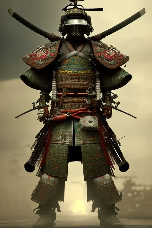 full portrai of gas punk samurai,high detail, volumetric lighting, tiny features, intricate detail,volumetric clouds