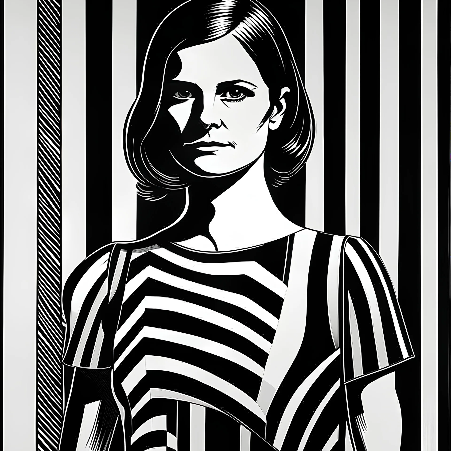 a black and white picture of a woman in a striped dress, a silk screen by Sarah Morris