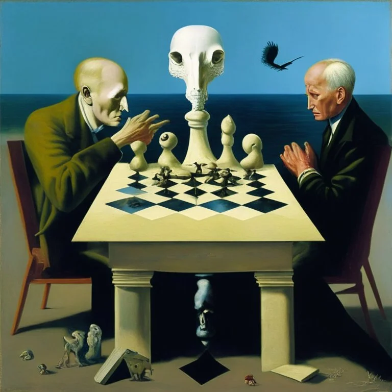 Putin, President Xi Of China And Joe Biden Play Chess With A Pigeon,Ufo And Atomic Bomb Mushroom Cloud,Complex Surgical Instruments Intermixed With A Newborn Boy,Minimalism,Painting By Adrian Ghenie,Rene Magritte,Pablo Picasso,Michelangelo,Salvador Dali,Lucian Freud