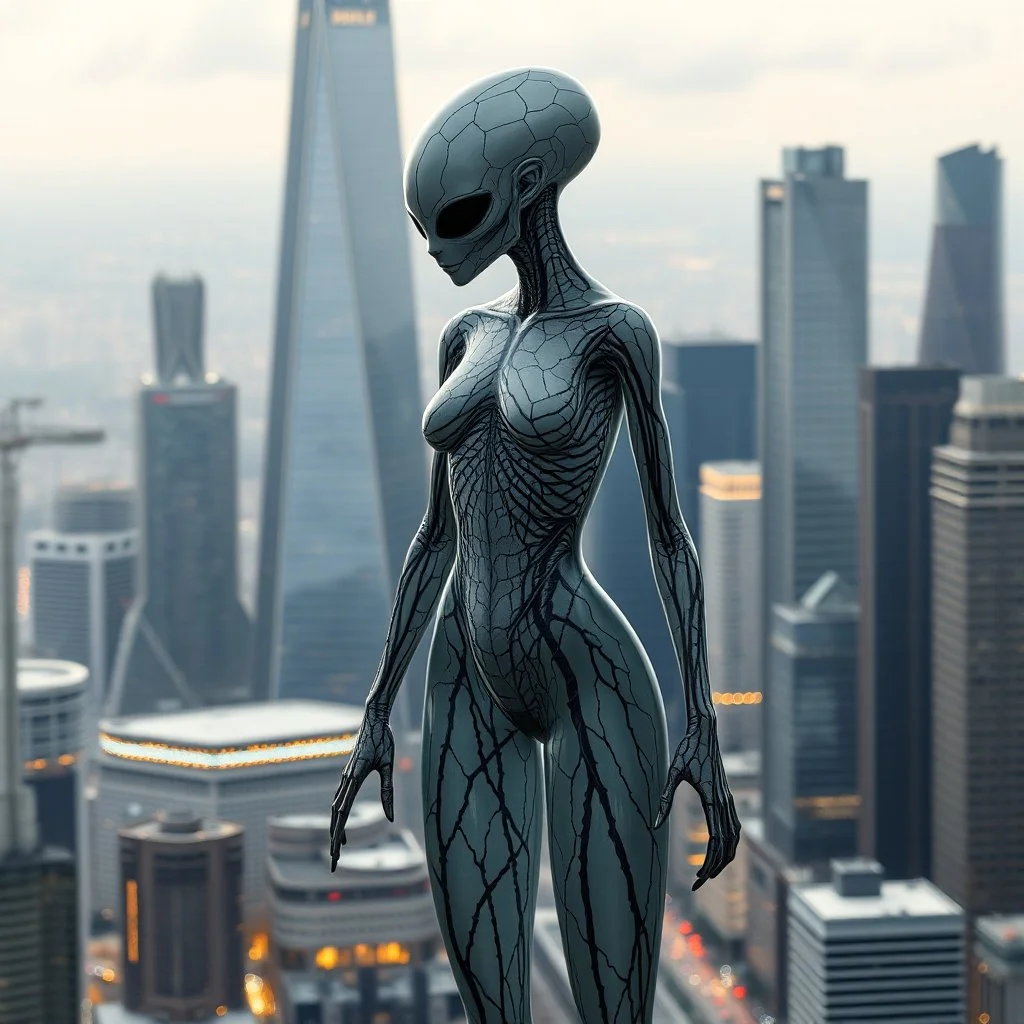 A transparent of a tall alien figure with black vein texture of human veins, mixing together a lot of them, making a shape of a woman, a big modern city with high status and towers in the background