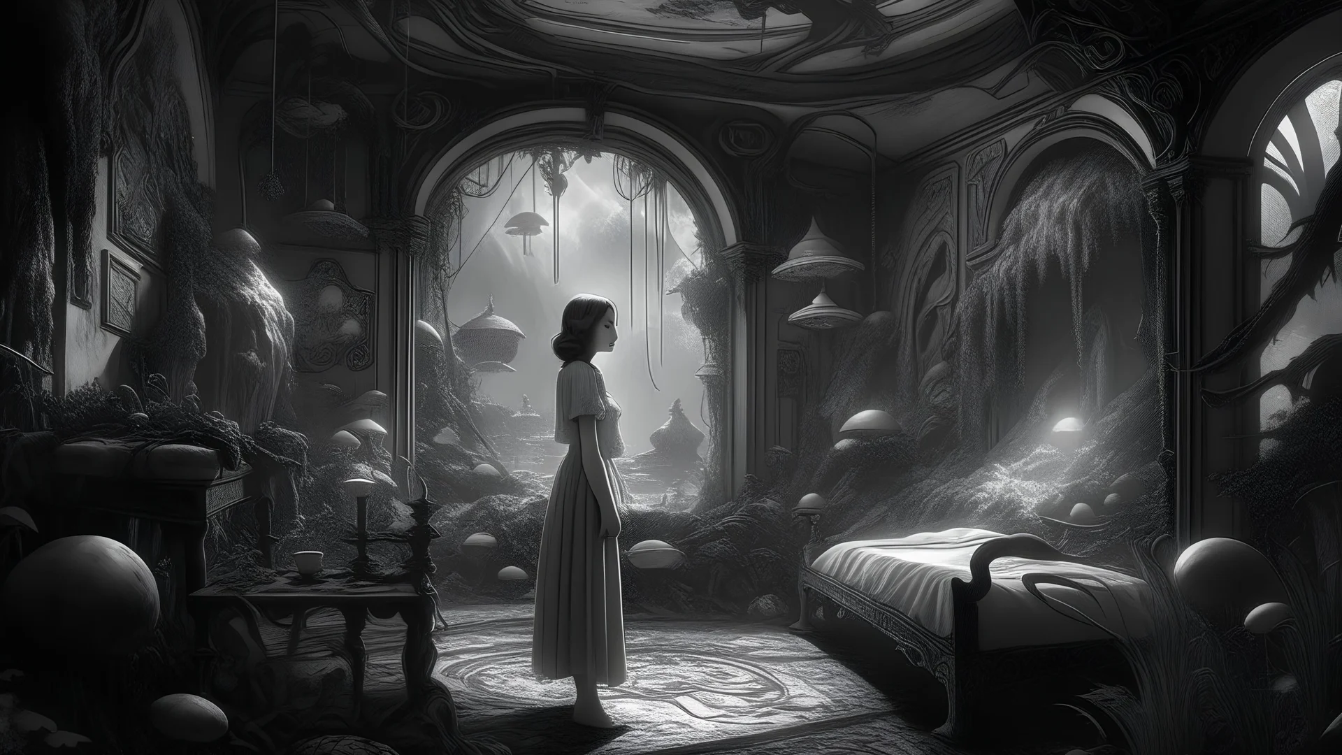 woman in a mysterious room, surrounded by an eerie shimmering garden, by mike davis Gaston Bussiere, black and white, detailed painting, coherent, 4k, hd, high resolution, very detailed, trending on artstation, masterpiece,