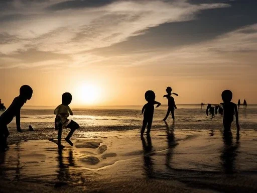 children playing on the Indian beach capture them against the sun and make an art silhouette, hyper details, real sharp, 8k, well detailed, well shaped