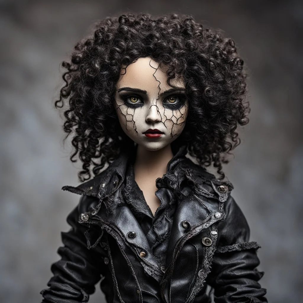 full color, illustration of a dark, menacing, curly haired, black leather clad motorcycle girl, tall and willowy , as a decayed, broken, crude homemade cloth doll toy, with a cracked porcelain face, thick dark eyebrows, hair made from ragged strips of cloth, in the style of Nadya Sheremet