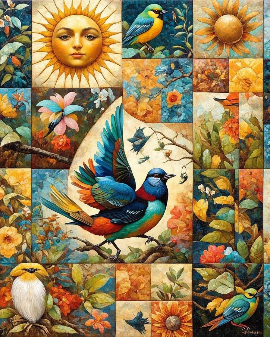 Patchwork by Meghan Duncanson and Jennifer Lommers and Didier Lourenço.kevin Sloan. Modifiers: oil on canvas 4k Michelangelo Enki Bilal Fairytale Disny Paradise birds Patchworks caterpillar Sun flouwer Silk collars oil on canvas