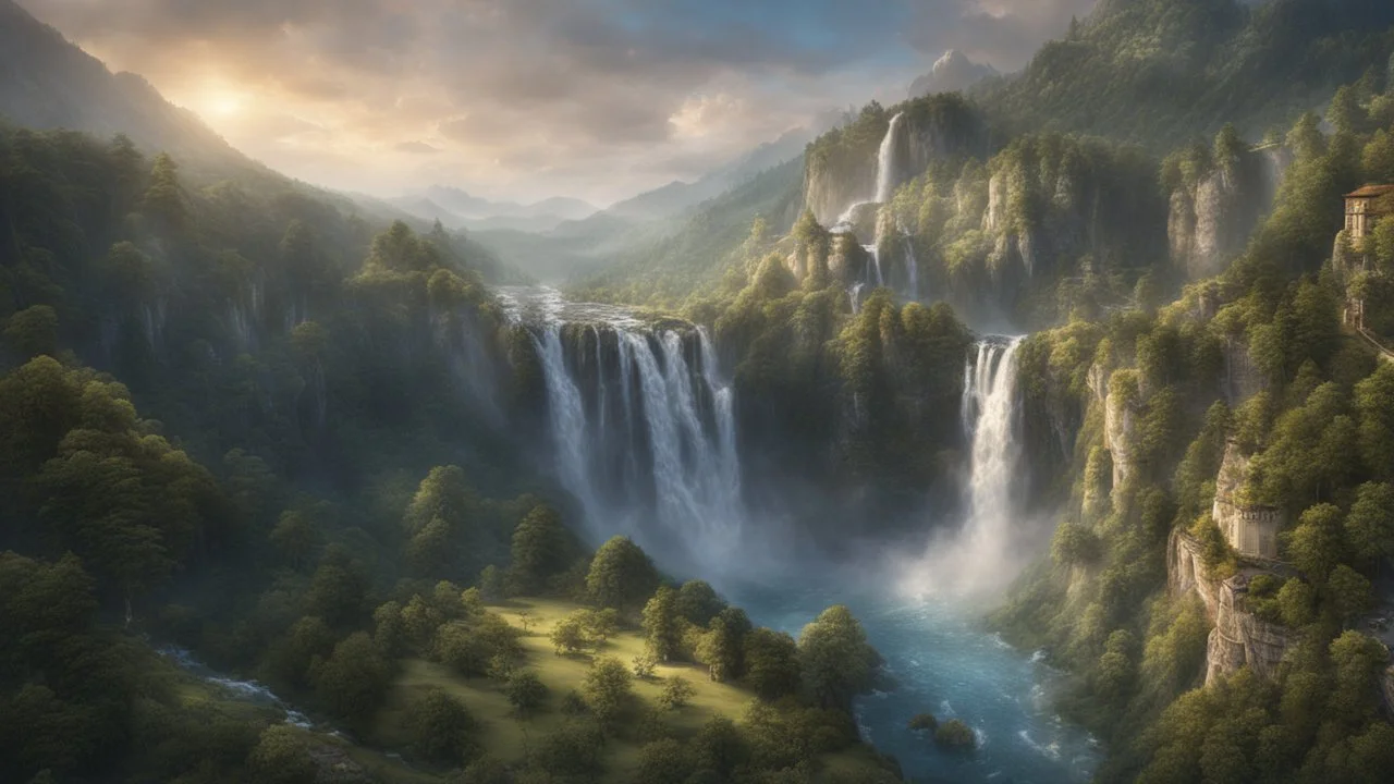 a big waterfall falling close to a medieval city at the end of a steep, narrow, 3.000 feet tall ravine. a masterpiece, fantasy concept art, dynamic lighting, hyperdetailed, intricately detailed, deep color, Unreal Engine, volumetric lighting, Epic cinematic brilliant stunning intricate meticulously detailed dramatic atmospheric maximalist digital matte painting