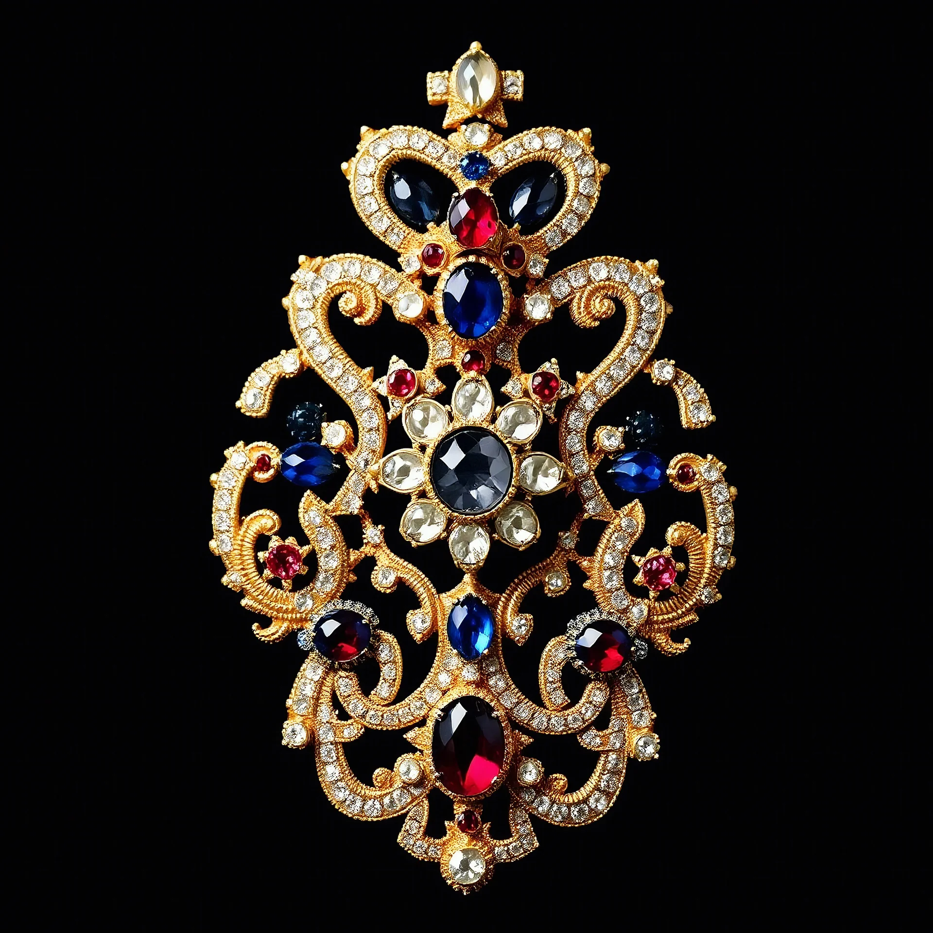 A bold and luxurious handmade brooch in the shape of a royal order, detailed embroidery with shimmering sequins, crystals, and beads, bold contrasting colors like deep sapphire, gold, and ruby, perfectly highlighting its intricate craftsmanship, dramatic lighting enhances the sparkle and intricate textures, displayed against a dark velvet backdrop, an artful composition showcasing its elegance -