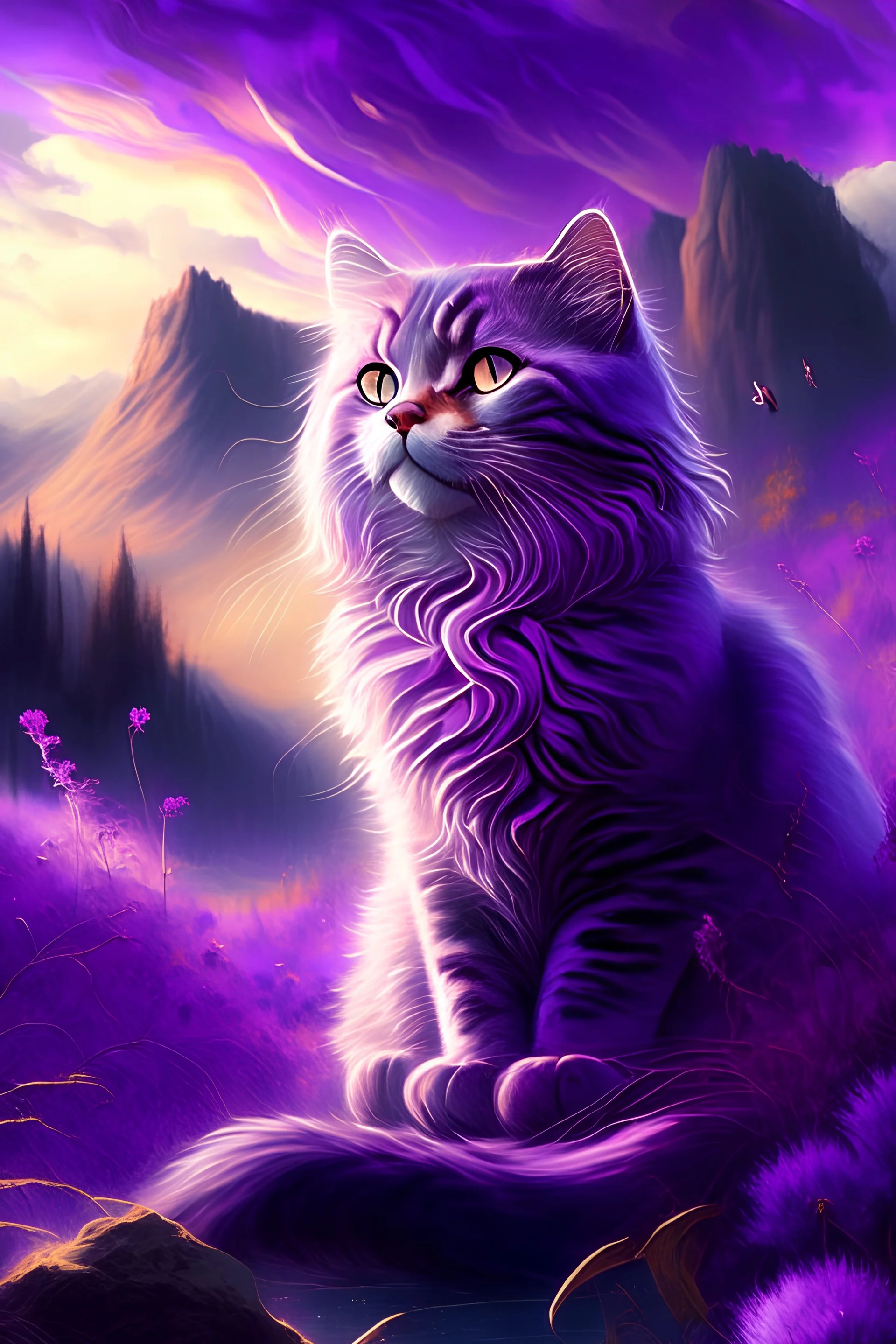 majestic cheerful cat, happy, violet tones, fantasy landscape