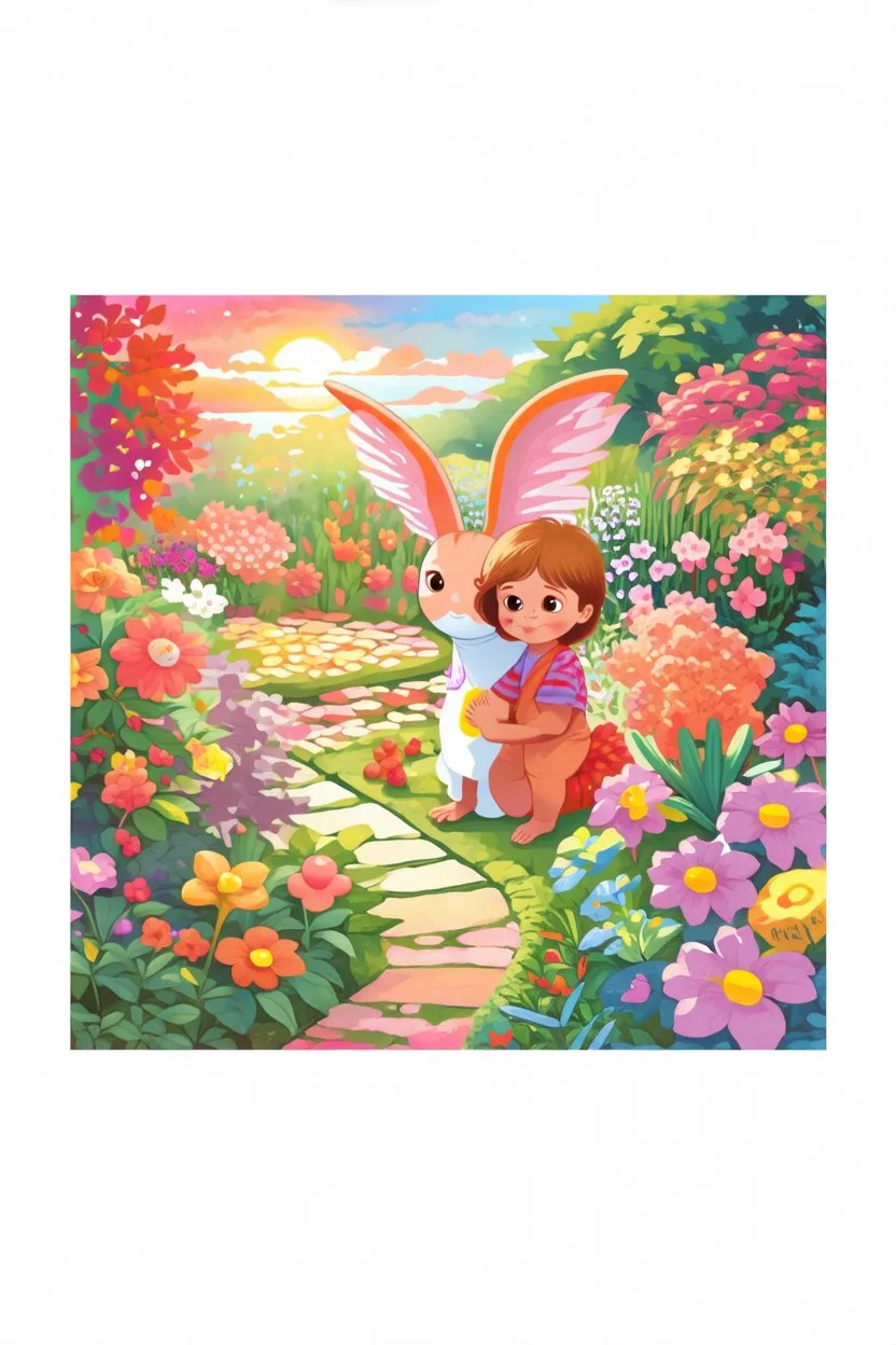 An amazing sunset in the background of a beautiful garden , child book illustration style