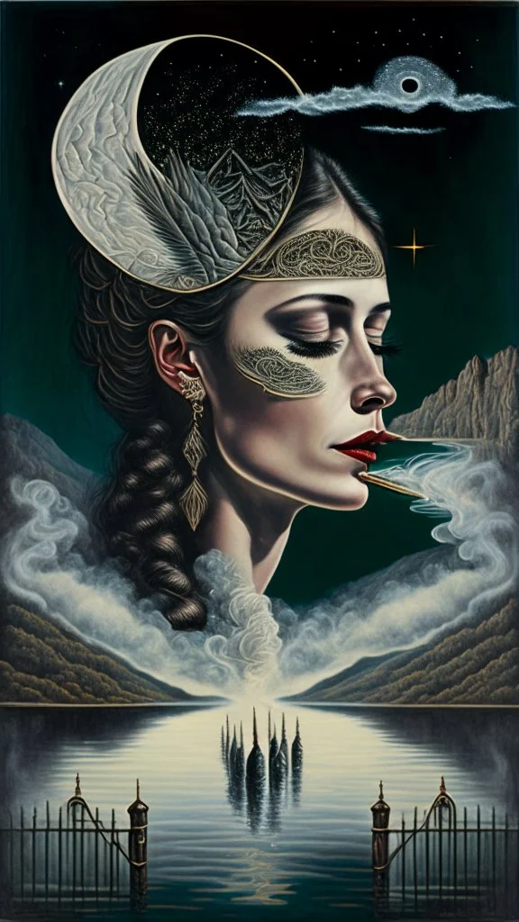 portrait of a woman smoking a cigarette, symmetrical, the cosmic mists seeping into her brain, crescent moons in her eyes, feather earrings in her ears, a crescent moon to right, a wrought iron fence and a lake behind, a mountain range in the distance by luigi serafini, seraphinianus kodex