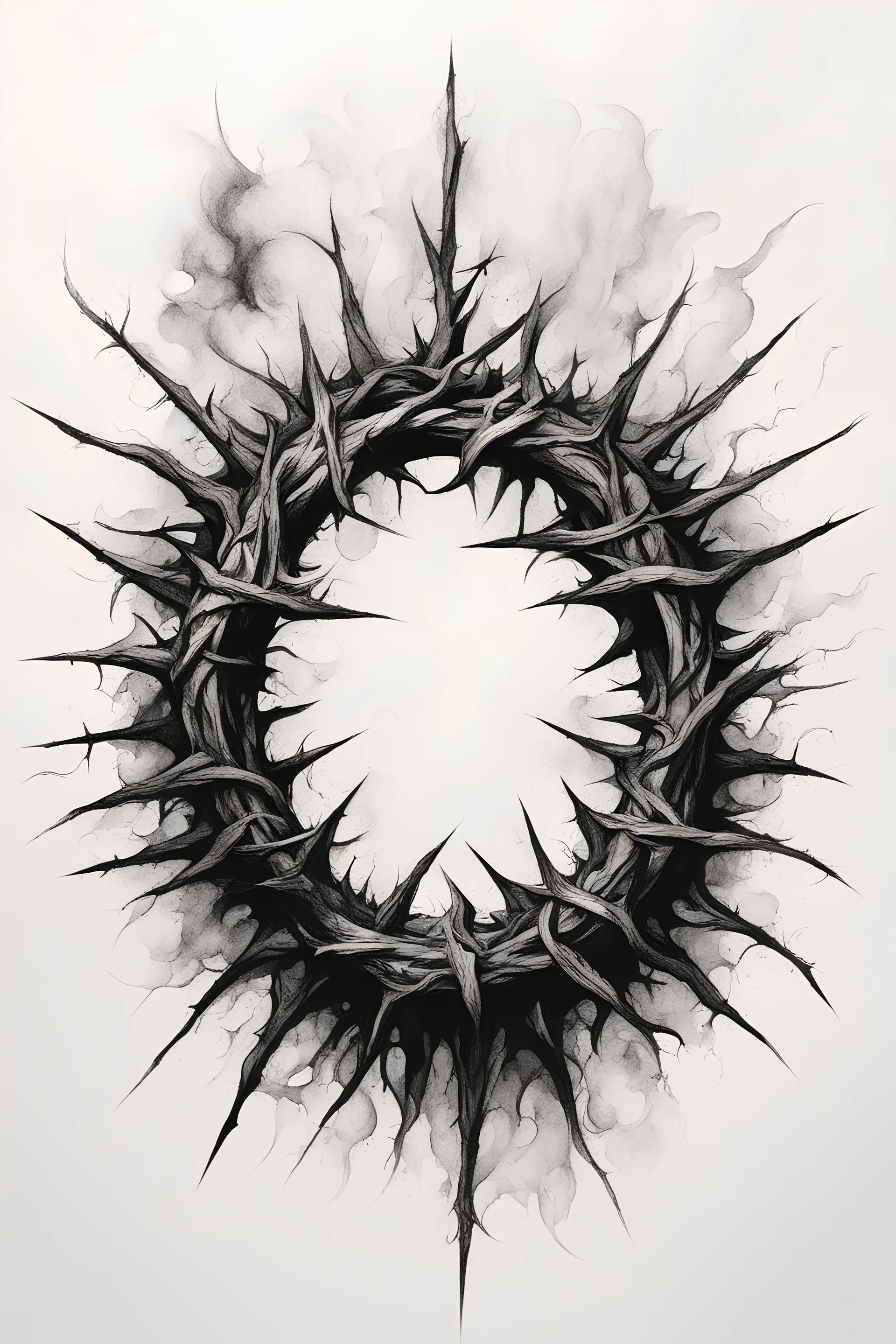 A realistic drawing in negative space black ink on white background of a crown of thorns inside a sun with very defined and correct details and brushstrokes smoke around it