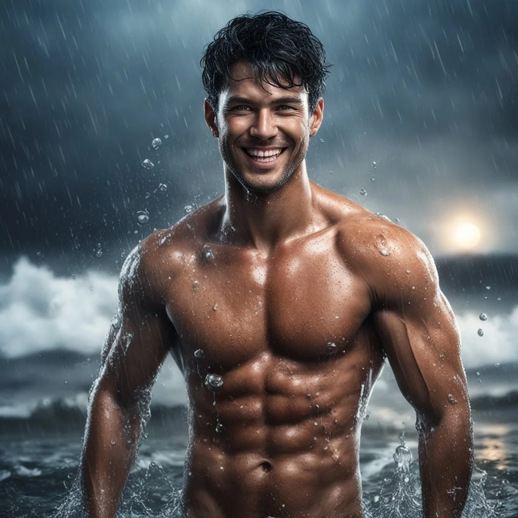 Hyper realistic very handsome shirtless muscular short black hair man smiling & standing with his wet body between the sea at rainy night with wave splashes