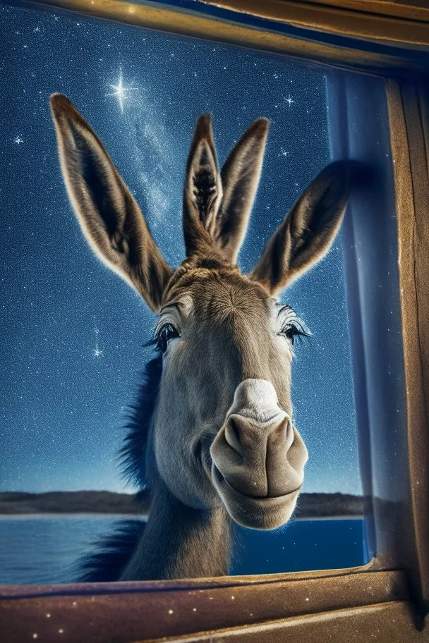 smiley donkey portrait with background star field seen in the window of a boat, 4 k, trending art, depth of field, high detail, high contrast