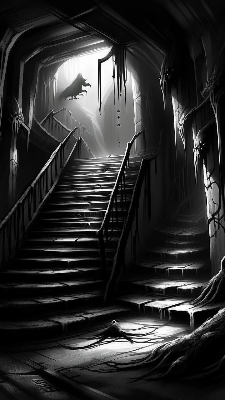 A stair from underground to a room with hooded creature standing at the top in the darkness reigns supreme, swallowing light and casting an eerie gloom. Jagged rocks jut ominously, shadows dancing with unseen creatures. Sinister shapes glide, eyes gleaming in the murky depths. Distant rumblings and creaking sounds fill the water, sending shivers. In this desolate underworld, fear of the unknown pervades every corner, where the slightest movement evokes terror. It's a realm where nightmares
