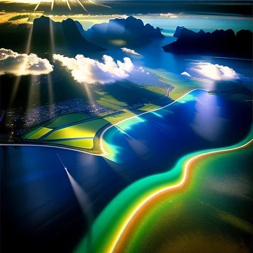 Le Morne Brabant, Mauritius,aerial view,cloudy,god rays,extremely detailed digital painting, high resolution,8k, realistic, beautiful, volumetric lighting, mystical colors ,perfectly centered image, perfect composition, rim light, beautiful lighting,masterpiece, stunning scene, raytracing, anatomically correct, in the style Van Gogh and robert e howard and Ken Kelley and Ohrai Noriyoshi and Simon Bisley and tomzj1.