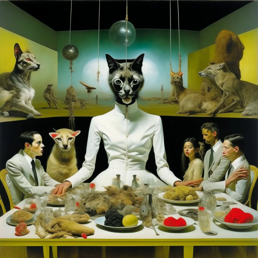 UN conference.a cat and human flesh-like surgical instruments and universe-like a pigeon and neuralink, surrealism,minimalism,Painting By Adrian Ghenie, Rene Magritte, Salvador Dali, Lucian Freud