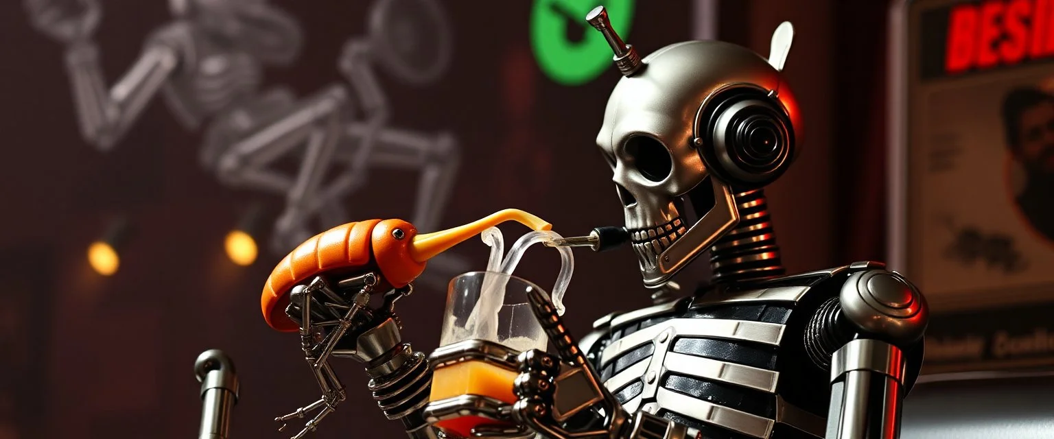 beetle juice and a leonard cohen robot