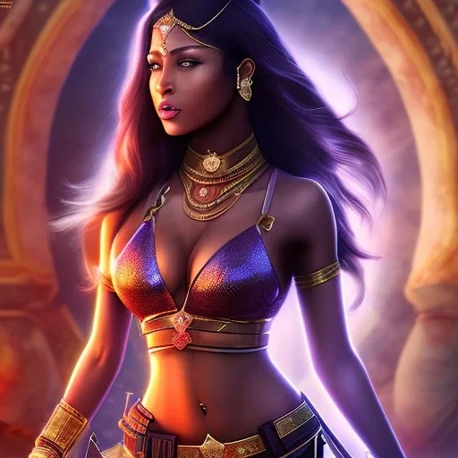 Full body, fantasy setting, woman, dark skin, Indian, 20 years old, magician, warrior, hourglass body shape, bicolor hair, muscular, cinematic, Arabian clothes, insanely detailed, Arabian style, half-hawk haircut