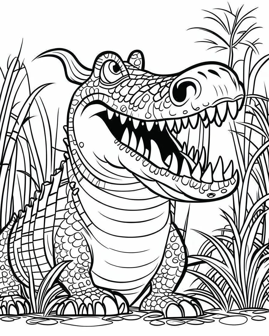 create a 2d black outline, "safari smiling cartoon crocodile coloring book for kids", coloring page, low details design, black contour, coloring page design, simple background, colorful , card style, coloring page for kids, white background, sketch style, safari landscape, cartoon style