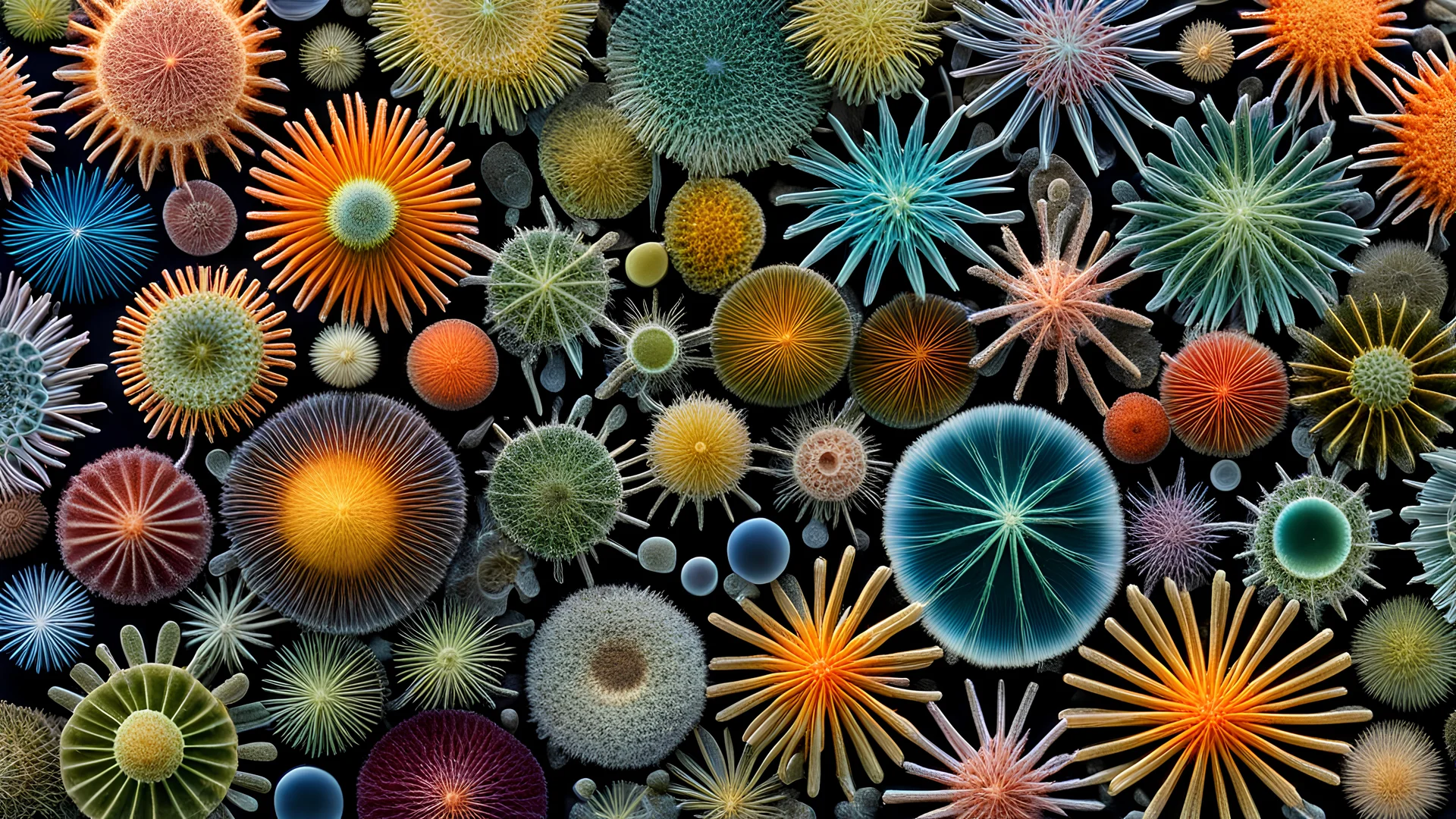 A detailed colourful photomicrograph of a variety of diatoms, the microscopic algae with beautifully intricate silica shells. The image highlights their diverse shapes and patterns, ranging from circular and star-shaped to elongated and complex. Beautiful award-winning photograph, inspiring, rule of thirds, balanced delightful composition, perfect lighting, superb detail, 16k render