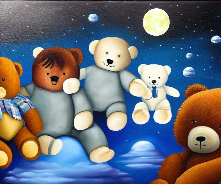 little boy and big teddy bears on moon. drifting in old bmw. oil on canvas