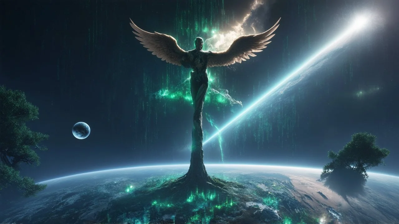 matrix universe, space, planets, god creation, angels from other dimensions with beautiful wings, trees on the planet, behind green crystals of light, few tiberium monolith deposits on the planet near tree,