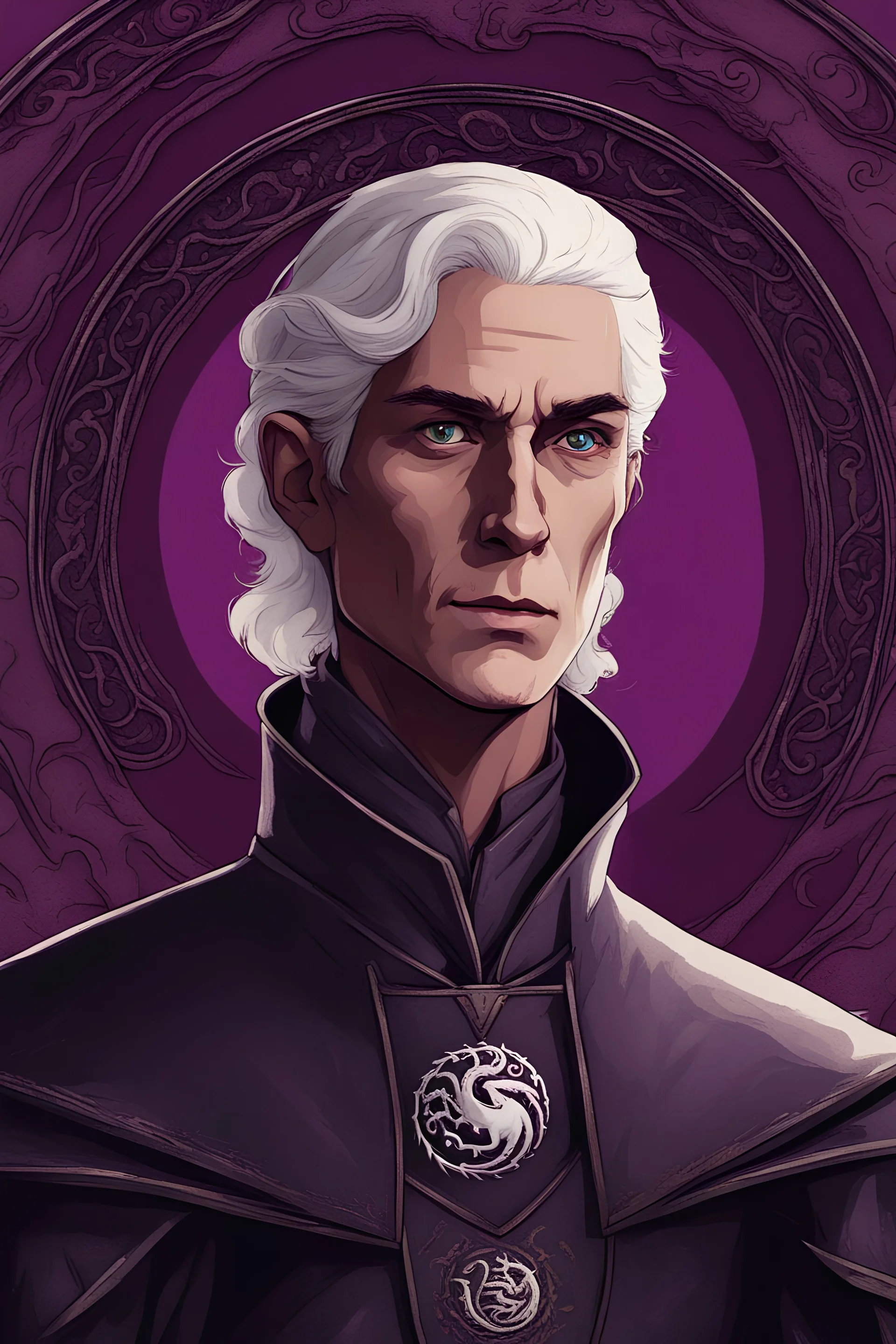 A thin man with silver hair, purple eyes in a medieval costume with the Targaryen Dragon House emblem