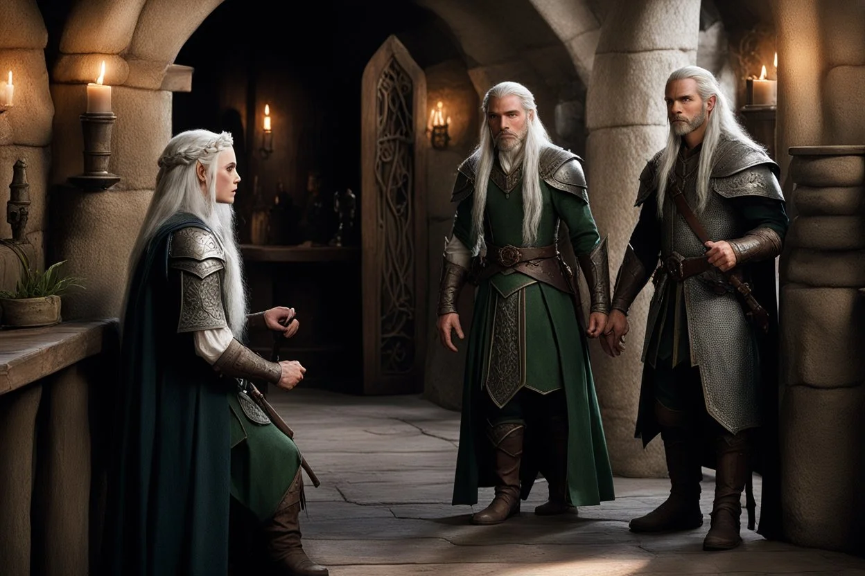 [photo from the lord of the ring] two elves, Lady Lyanna and her bodyguard Thalion the elfin warrior with scars, entering the tavern. They pause in the doorway, their sharp elven senses already alert to the tension in the room. Lyanna's silver hair catches the morning light as she scans the tavern, and Thalion take a seat in a shadowed corner.