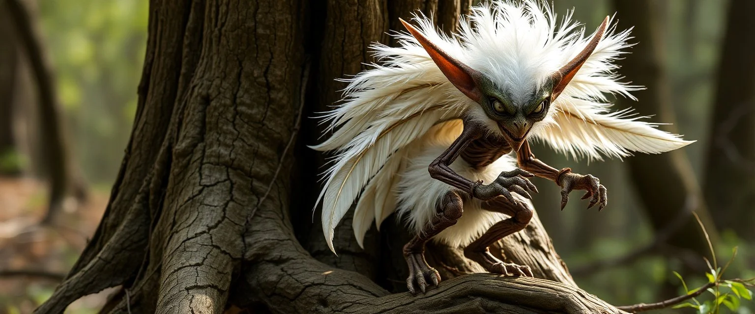 white feather ancient angelic gremlin wooden treant monster Robot