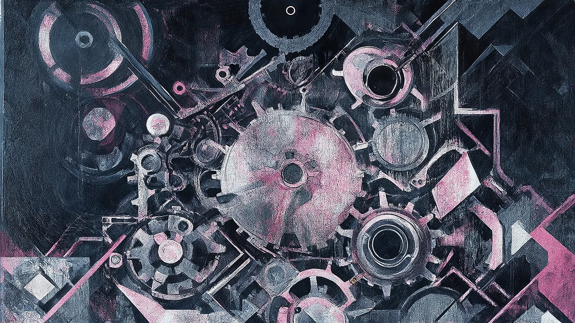 A surreal abstract composition with geometric shapes, gears, and mechanical elements in shades of black, gray, and pink