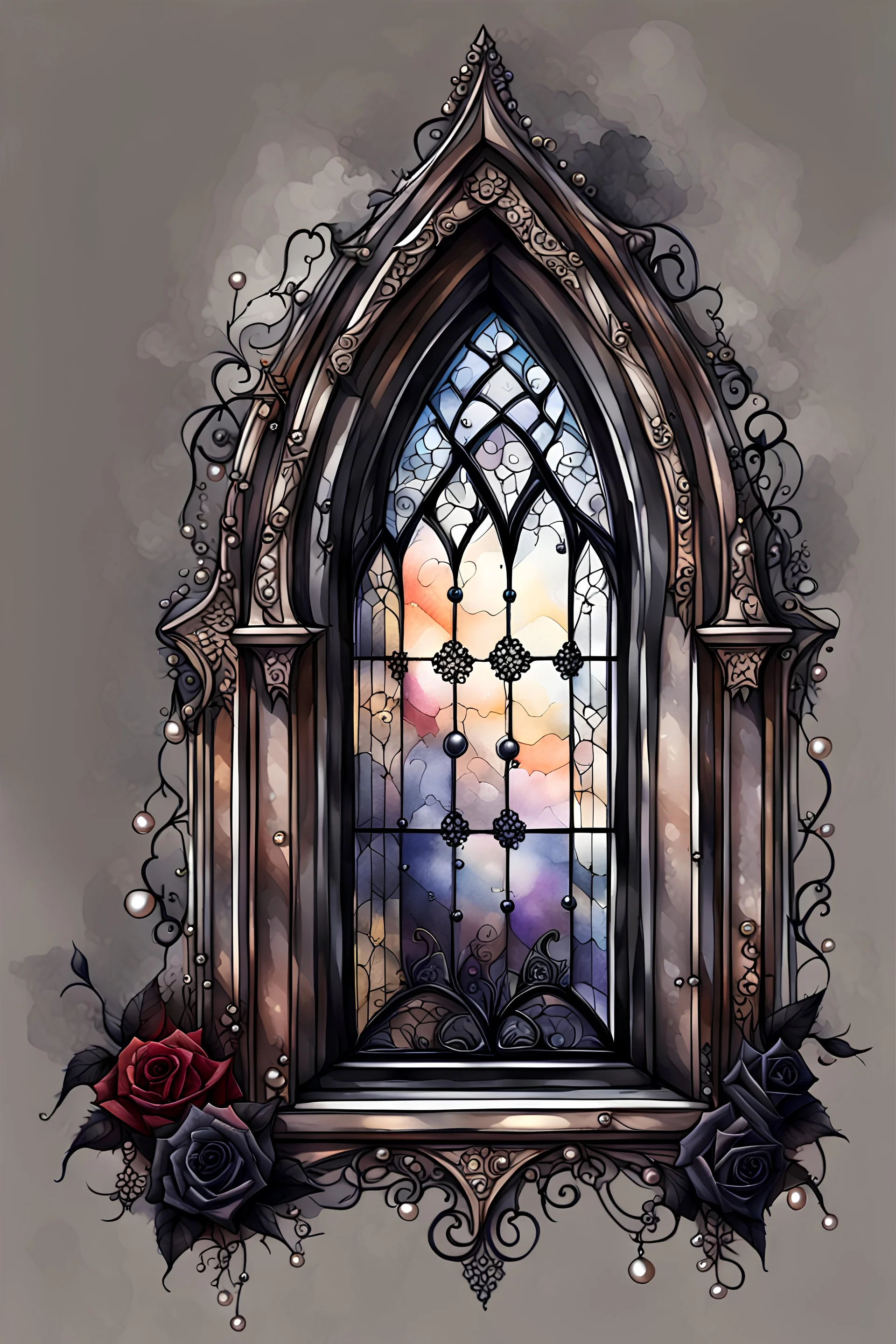 watercolor drawing gothic window, black lace, pearls, black roses, on a white background, Trending on Artstation ::{creative commons}:: Illustration :: Color Grading:: Filmic, Nikon D750, Brenizer Method, Perspective, Depth of Field, F/2.8, Lens Flare, Tonal Colors, 8K, Full-HD, ProPhoto RGB, Perfectionism, Rim Lighting, Natural Lighting, Soft Lig