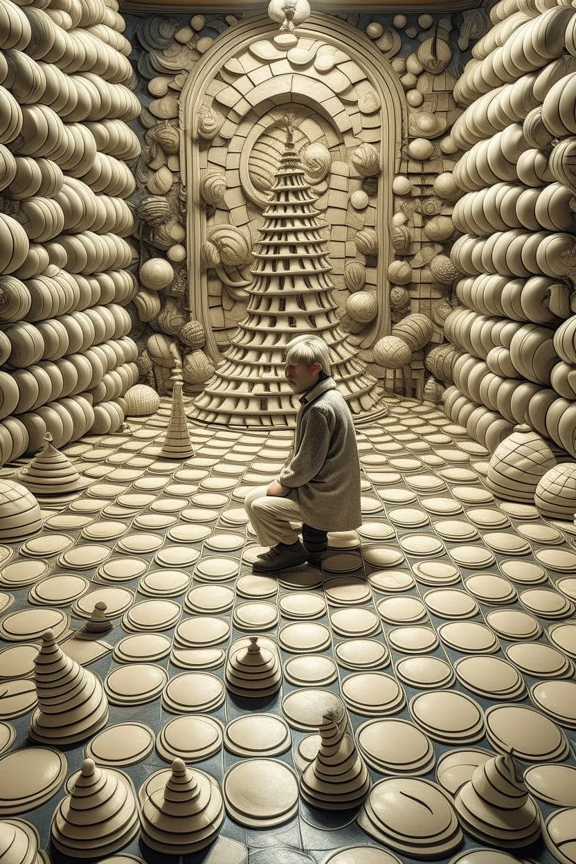 small man inside huge sea shells and on the floor is a huge chess board in the style of hiroku ogai