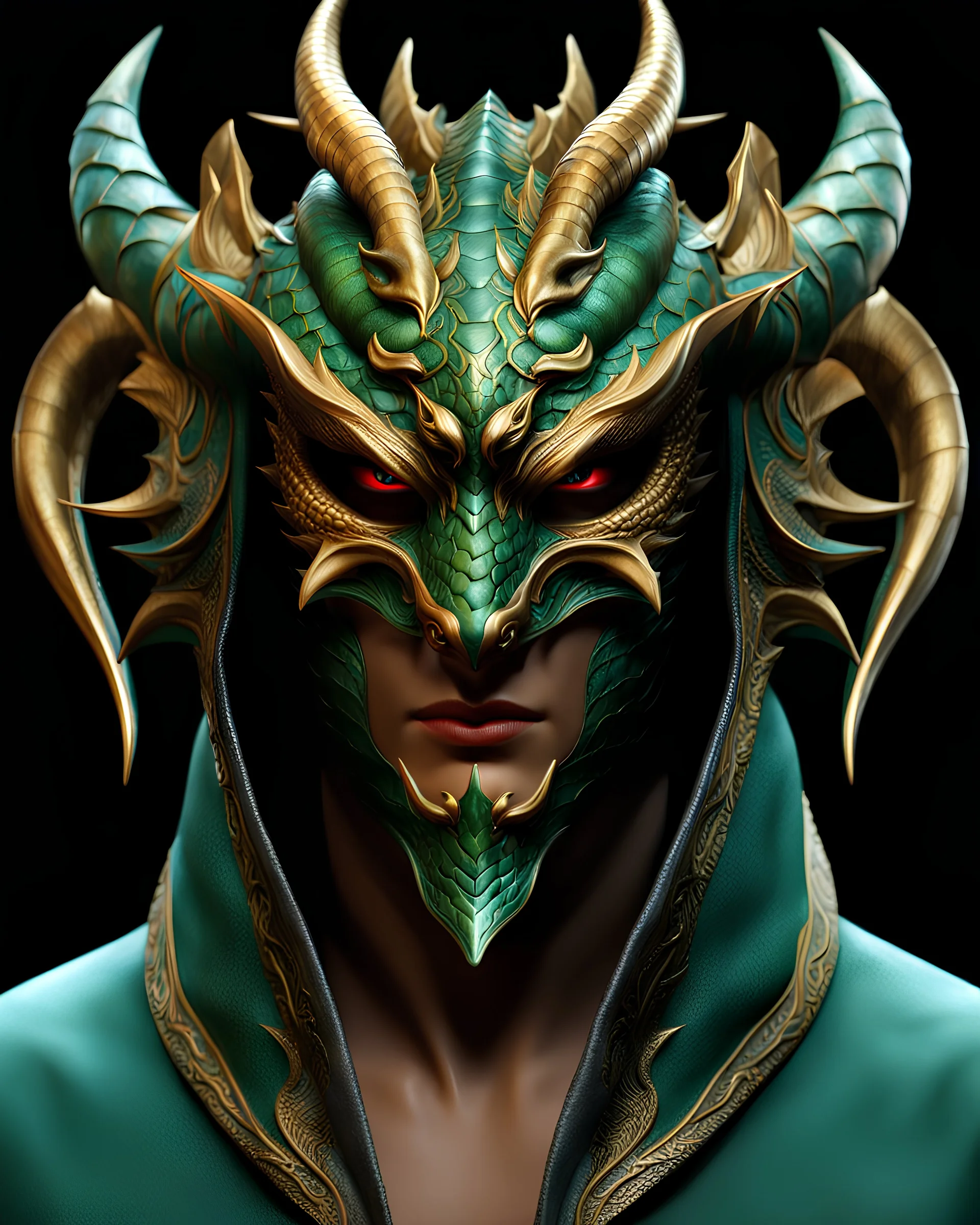 Dragon man with dragon mask over his eyes and forehead, Realistic cool art, 12k, 3d, realistic, full head