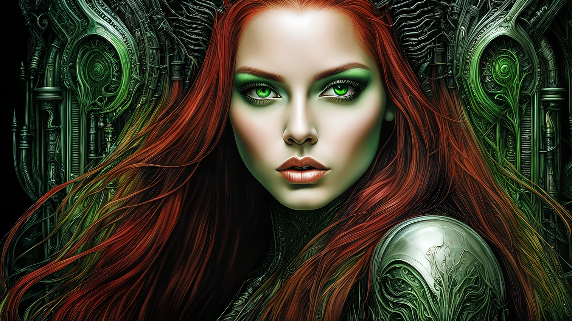 acrylic illustration, acrylic paint, oily sketch, 8k beautiful 1girl with long red hair, H. R. Giger style, intricate, elegant, highly detailed, green eyes, majestic, digital photography, (masterpiece, side lighting, finely detailed beautiful green eyes: 1. 0)