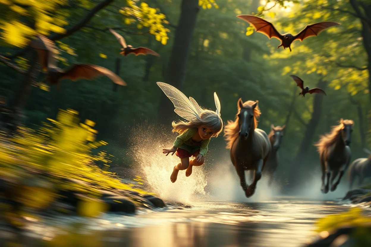 volumetric light, oil painting ,evening and motion blur running caped long haired pixie Quickling - Forgotten Realms dodging flying bats above water and along winding branches in lush green forest along speeding horses , bokeh like f/0.8, tilt-shift lens 8k, high detail, smooth render, down-light, unreal engine, prize winning