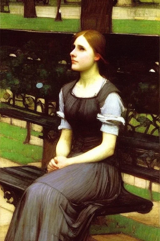 Woman sitting on a park bench. John William Waterhouse