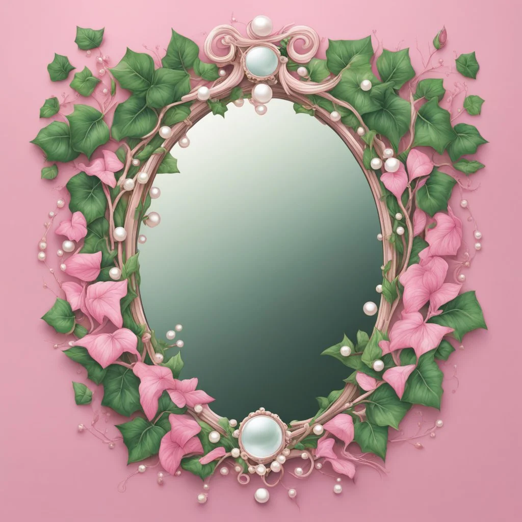 Create an Artwork of a Mirror with ivy branches and pearls necklace, Like a creative Logo for a Varasity Jacket, illustration. Colors should be pink and green