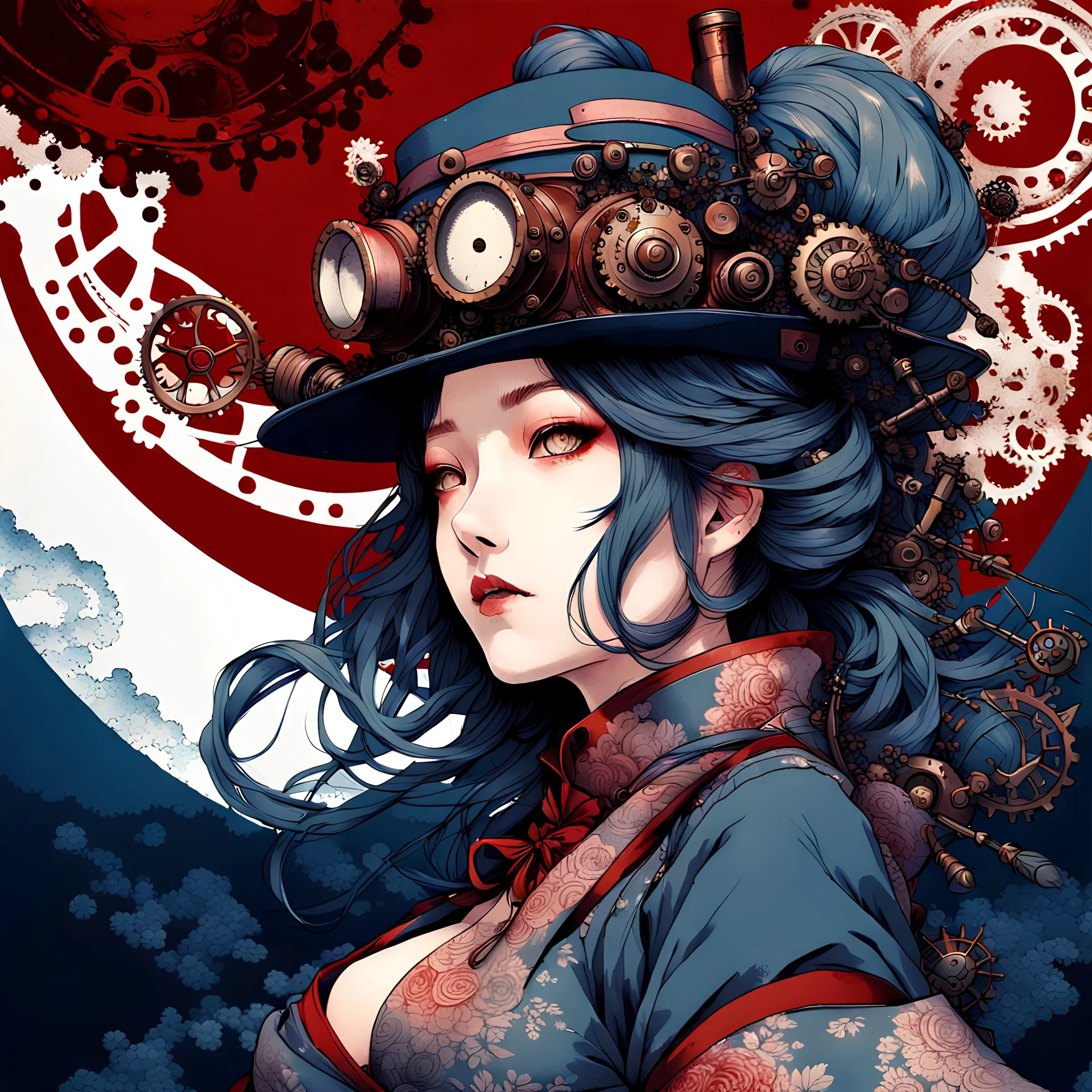 beautiful steampunk huge girl, hyper detailed, hyperdetailed, intricately detailed, illustration by _Katsushika Hokusai_ _Yoji Shinkawa_, guts, soft smooth lighting, intricate, wildflower, darkblue tones, background liquid,soft pastel colors, red tones, nice, darkred tones, high lighting,