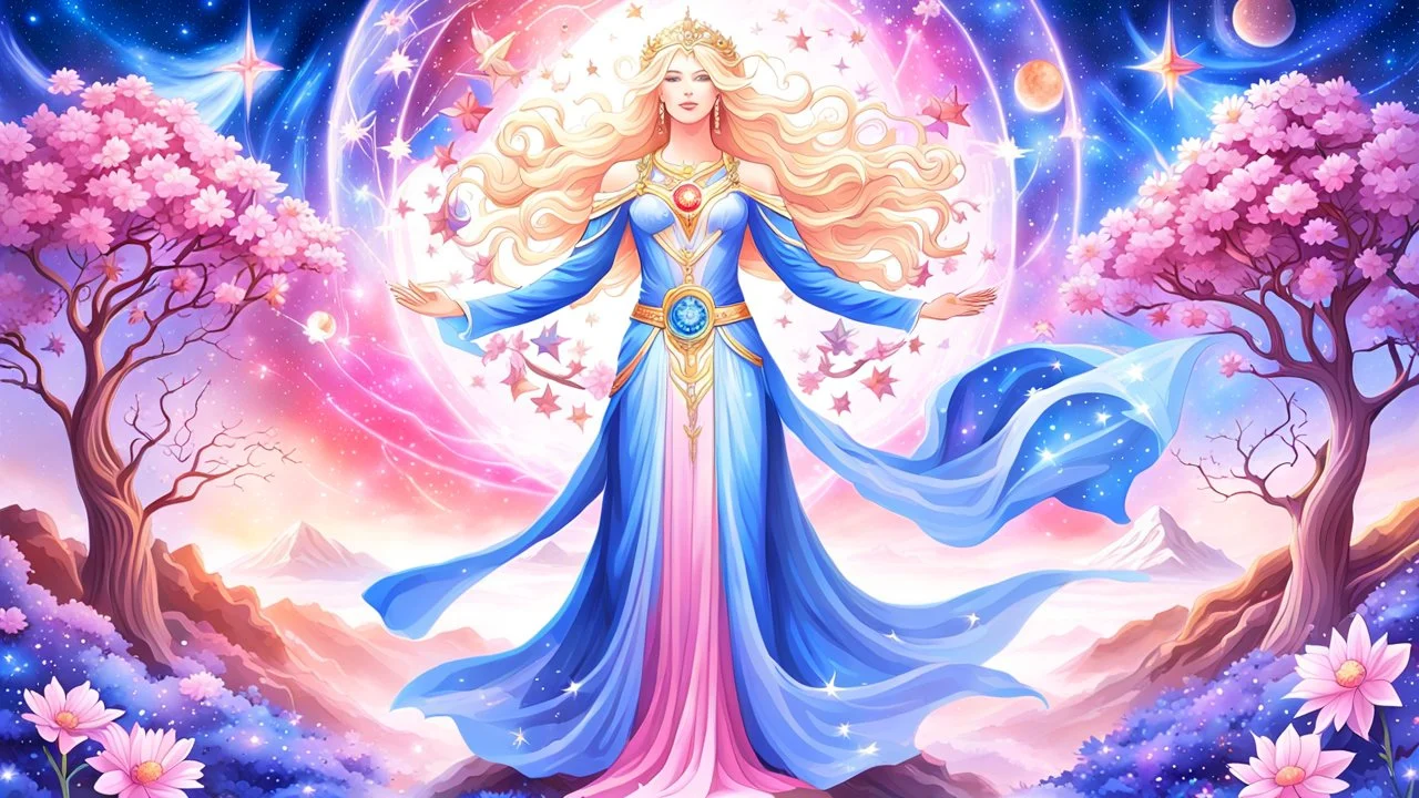 Create an image of a full body cosmic goddess. the goddess should be depicted as a beautiful and powerful figure, surrounded by cosmic stars. her hair should be long, blond and flowing, and she should be dressed in a flowing gown blue celestial robe. in the background, include imagery of pink flowers, blue sky, trees. the image should evoke a sense of joy, celebration, and spiritual connection to nature.